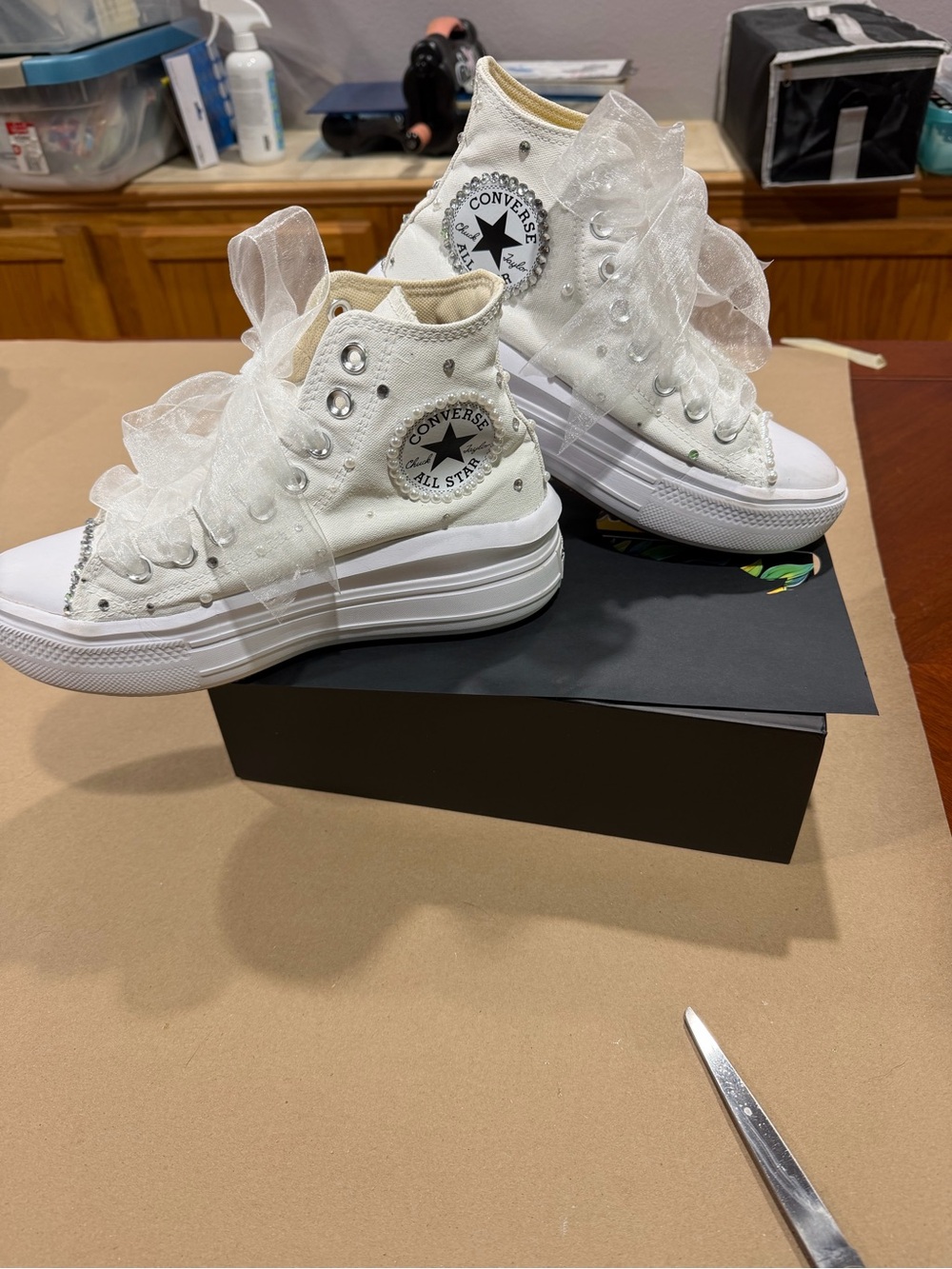 Converse White Platform High Top Sneakers with Sheer Ribbon Laces